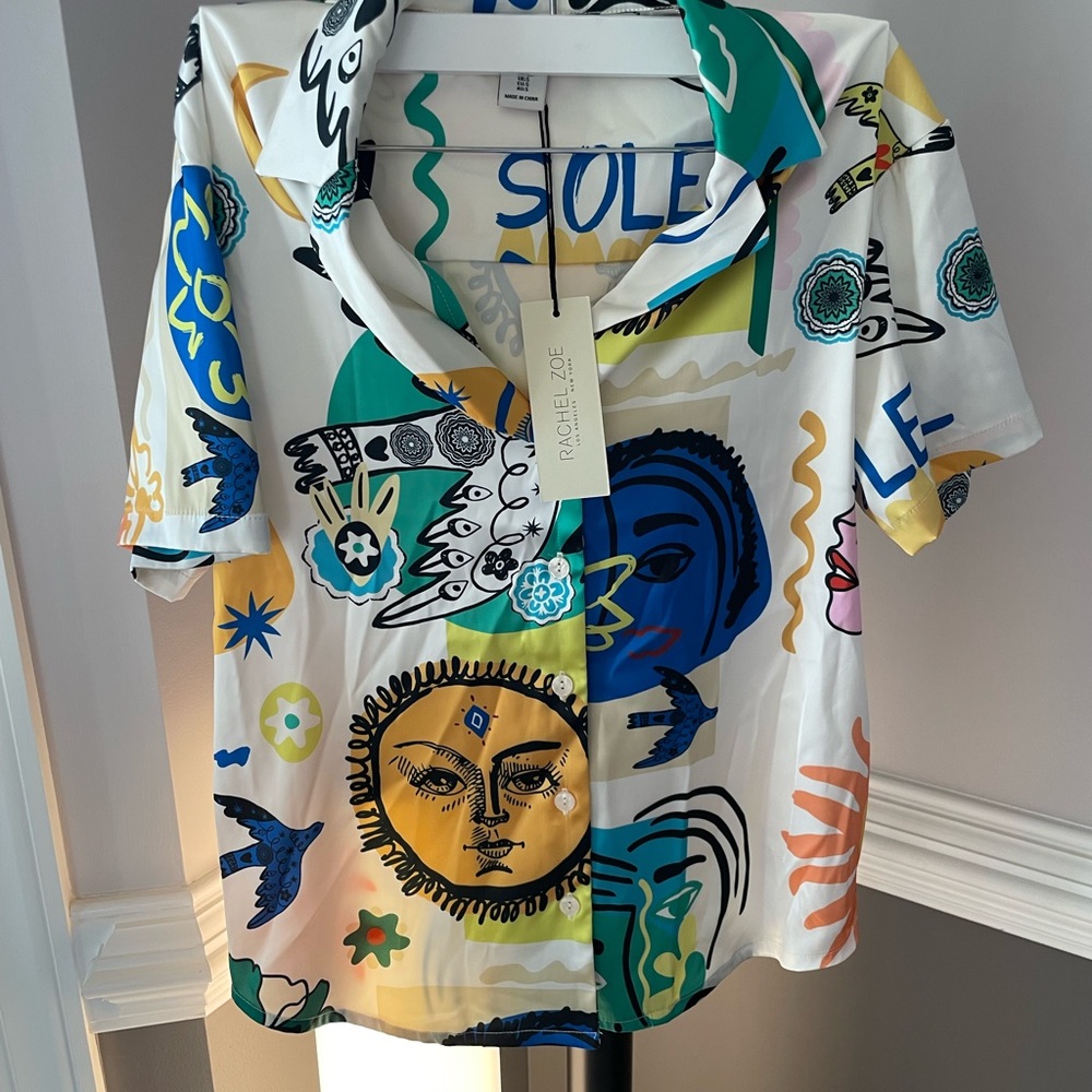 NWT- Rachel Zoe Satin Abstract Graffiti Art Button Down Shirt